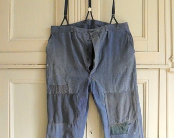 Workwear Chore Patched Pants Trousers Bleu de travail indigo cotton vintage French