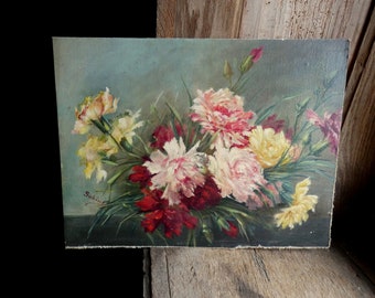 antique original French flower painting oil on canvas board