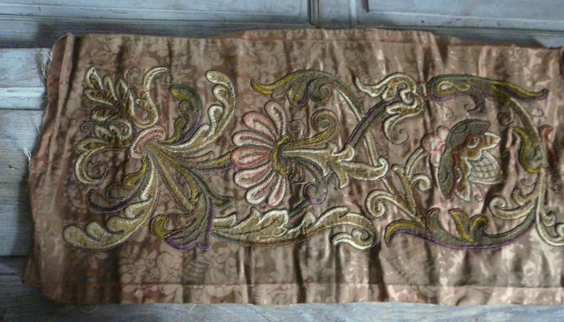 18th century handmade gift stumpwork Antique 18th century French Silk Brocade Silver Gold metallic tread embroidery needlework stumpwork image 2