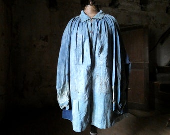 French antique indigo  linen patched biaude overshirt 19th century workwear