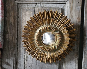 vintage French mid century gilded wood sunburst sun convex mirror