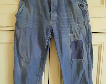 vintage French  patched blue cotton workwear chore  pants trousers