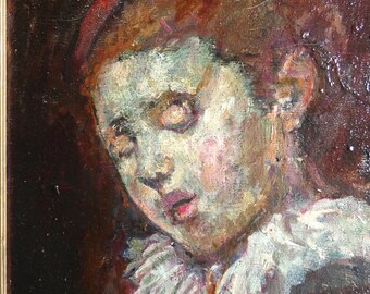 antique French clown pierrot portrait oil on canvas