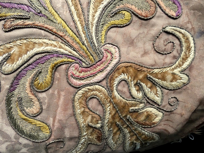 18th century handmade gift stumpwork Antique 18th century French Silk Brocade Silver Gold metallic tread embroidery needlework stumpwork image 6