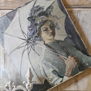 original vintage French oil on canvas portrait painting