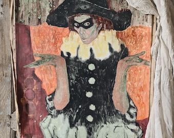 May include: An abstract painting of a figure in a black hat and mask, wearing a black and white outfit with a ruffled collar. The figure has pale skin and outstretched arms. The background is a mix of orange, red, and green hues.