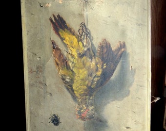 original antique oil on paper mounted on canvas painting of a bird hunting trophy for restoration 1865