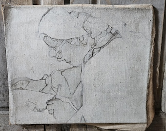 vintage Jean Edelmann ?  portrait drawing painting on unstretched gesso canvas
