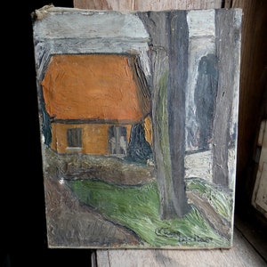 Original Contemporary Mid Century Oil Painting Fauvism landscape  vintage original folk art