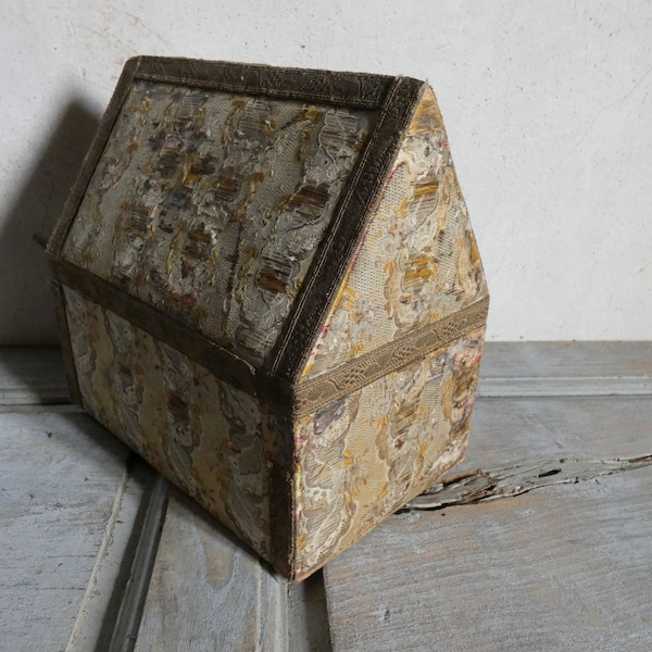 fabric covered box antique vintage French silk covered  timeworn jewel trinket casket box GOUACHE PARIS