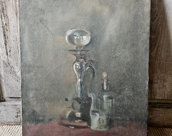 antique  French still life moody oil on canvas painting