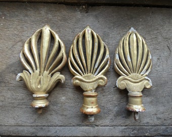 Gold Gilded Hand Carved Wood Large Curtain Finials antique French