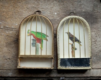 pair antique mis 19th century french trompe l'oeil bird cages diorama