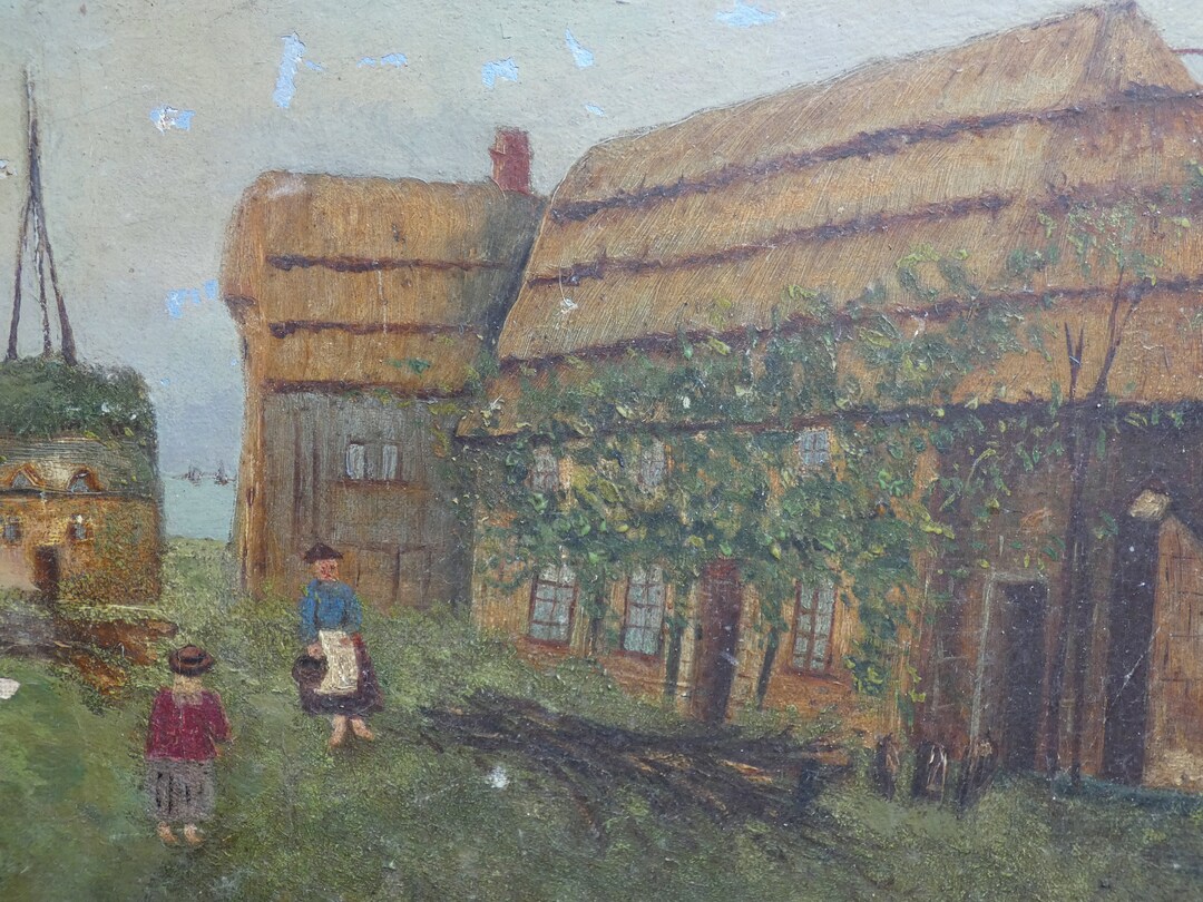 Antique English Naive Folk Art Oil Painting | Rustic Cottage Landscape ...