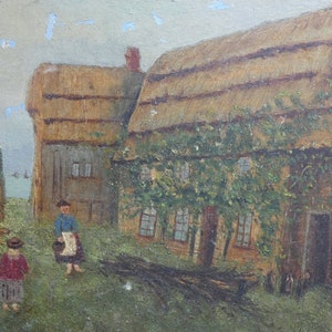 Antique English Naive Folk Art Oil Painting | Rustic Cottage Landscape | Vintage Country Wall Art