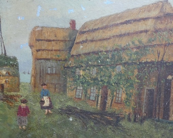 Antique English Naive Folk Art Oil Painting | Rustic Cottage Landscape | Vintage Country Wall Art