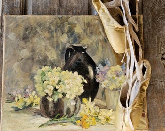 antique original French oil on canvas impressionism flower bouquet romantic painting