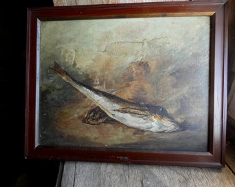 Rare 18th Century French Painting oil on Canvas   Still Life with fishes and putti