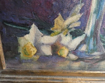 original antique French daffodils aquarelle painting