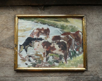 vintage antique french fauvism post impressionism gouache painting cows