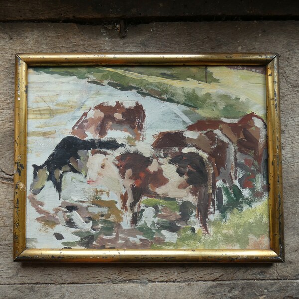 vintage antique french fauvism post impressionism gouache painting cows