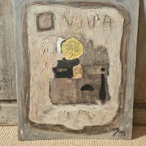 original European  mid century 1973 surrealistic surrealist  abstract mixed media   painting