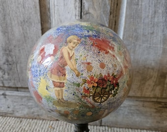 Unique Antique  French Glass Ball Wig Stand Hat stand  with Decoupage Chromos