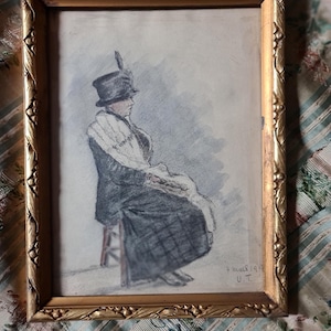 original antique French drawing of a woman