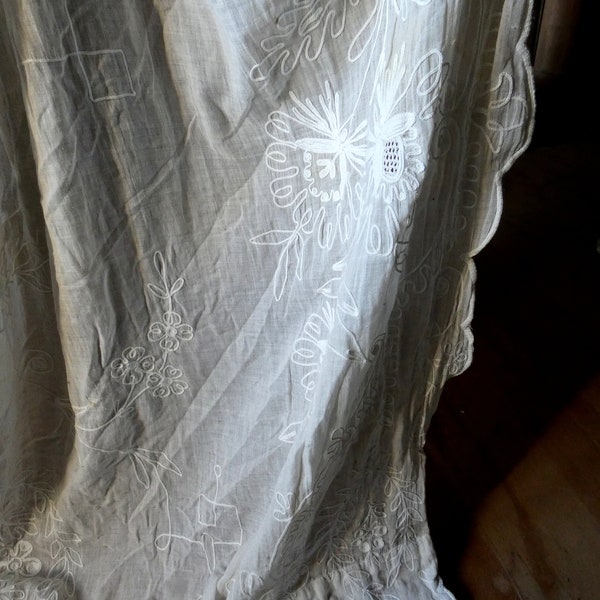 antique French fine muslin embroidery  Tambour Cornely lace long curtain 19th century embroidered