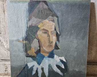 vintage antique original  cubism fauvism woman portrait painting