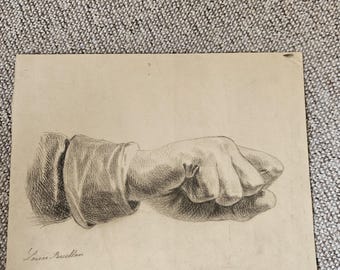 antique french pencil drawing of a hand