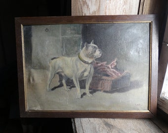 antique French original dog portrait bull-dog boxer painting oil on canvas