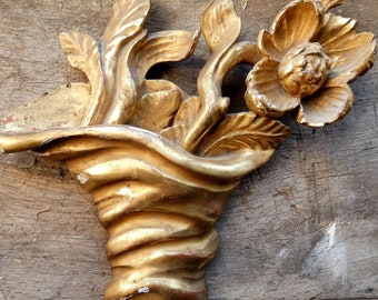 antique french architectural gold gilded carved wood sculpture flower bouquet XVIIIeme