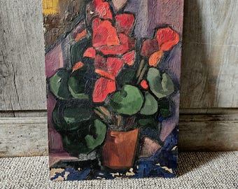 vintage antique French oil on board Fauvism Expressionism  fauvist painting flowers  red cyclamen Lucienne Laurencet
