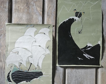 original French pair of  cartoon paintings drawings (ca 1940)