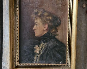 original antique portrait painting oil on wood of a woman