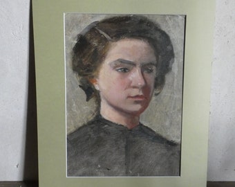 original antique portrait painting on canvas mounted on cardboard
