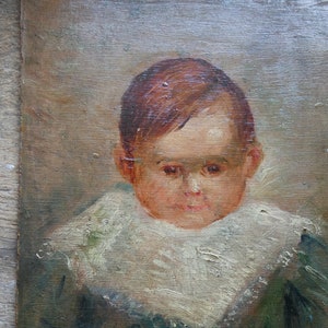 Baby Portrait Antique French  Child  portrait painting oil on board
