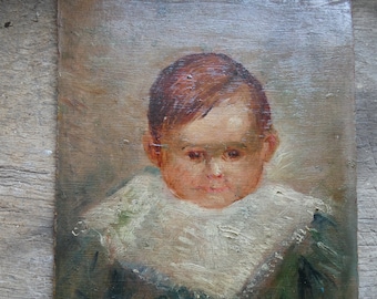 ヴィンテージ風の子供の肖像画、フランス製キャンバス油絵、オリジナル