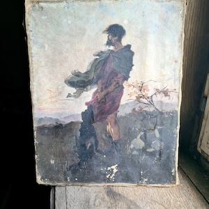 original antique French oil on canvas painting impressionist shepherd with dog