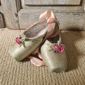 vintage french ballet pointe shoes – soft green  dance slippers – romantic gift or wall decor for dancer or collector