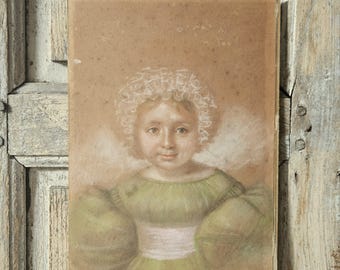 antique french pastel portrait drawing of a girl woman