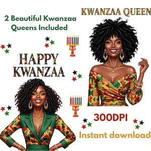 May include: Digital illustration featuring two women with dark curly hair, adorned with jewelry, and wearing colorful patterned clothing. The image includes text that reads "Happy Kwanzaa" and "Kwanzaa Queen."