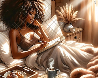 Morning Manifestation | Afrocentric Digital Art | Black Woman Journaling Printable Wall Art | Soft Life Aesthetic | Digital Download