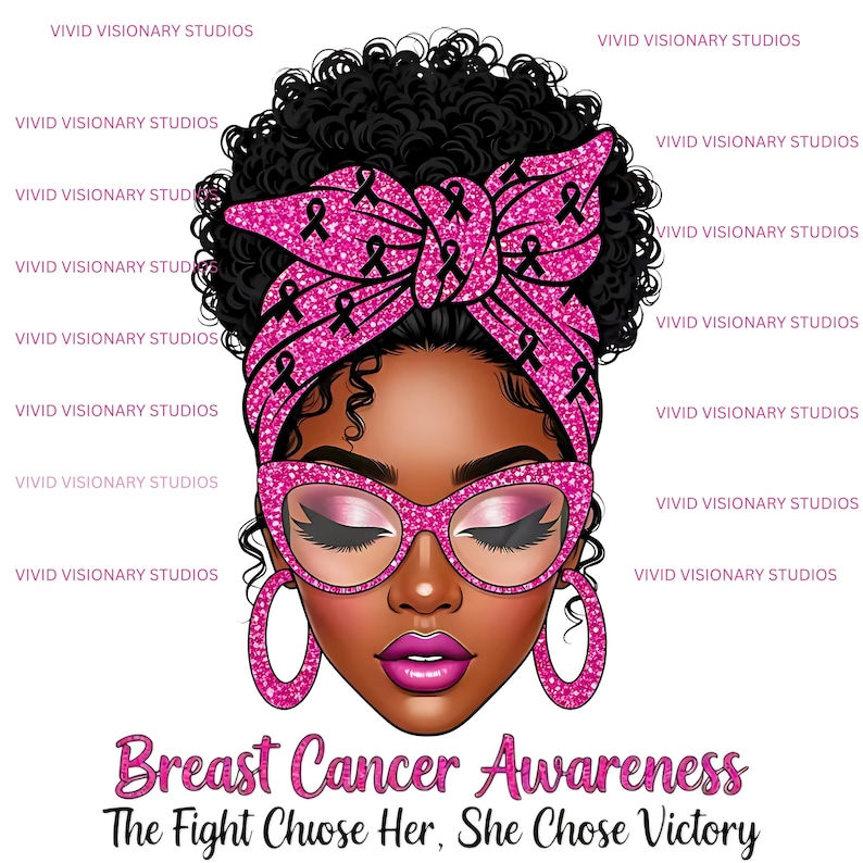May include: A digital illustration of a woman with dark skin, wearing a pink headscarf and glasses, both adorned with black ribbons. The image promotes Breast Cancer Awareness with text at the bottom.