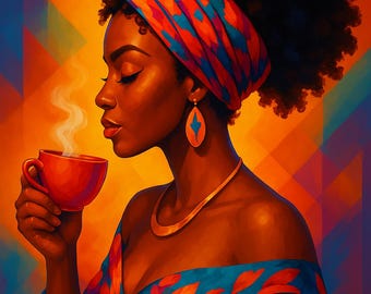 May include: A woman with dark brown skin and curly black hair is wearing a blue and orange patterned headscarf and a blue and orange patterned dress. She is holding a red cup with steam rising from it. The background is a geometric pattern of orange, yellow, and blue.