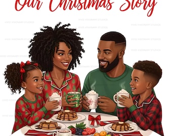 Könnte beinhalten: Illustration einer Familie, die sich zum Weihnachtsfrühstück an einem Tisch versammelt hat. Das Bild zeigt eine Mutter, einen Vater, eine Tochter und einen Sohn, die alle lächeln und Tassen halten. Der Tisch ist mit Pfannkuchen, Obst und Tassen mit Schlagsahne gedeckt. Der Text lautet "Our Christmas Story".