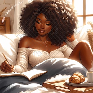 Ochtendmanifestatie | Afrocentrische digitale kunst | Zwarte vrouw dagboek afdrukbare muurkunst | Soft Life-esthetiek | Digitale download