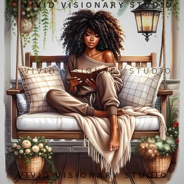 Mujer negra leyendo PNG: Arte afrocéntrico (descarga digital)