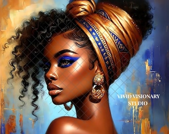 May include: A digital painting of a woman with dark curly hair wearing a gold and blue head wrap. Her makeup features blue eyeshadow and she is wearing large gold earrings. The background is a blue and gold abstract design. The text "VIVID VISIONARY STUDIO" is in the bottom right corner of the image.